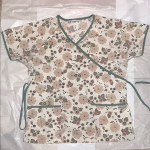 Tan and Green Flowered Tie-Back Scrub Top